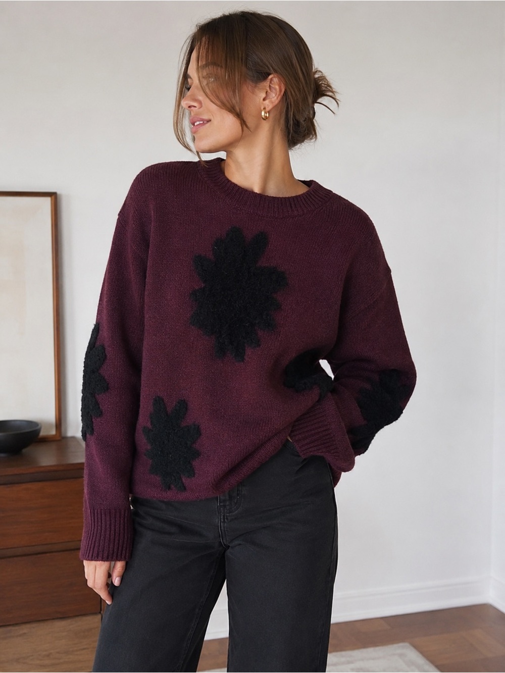 Simons Plum Crewneck Sweater with Black Floral Patches